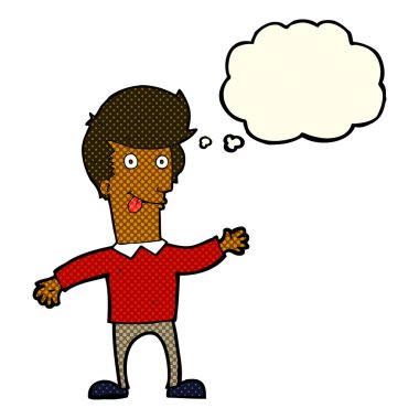 Düşünce baloncuğuyla dil çıkaran çizgi film adamı.