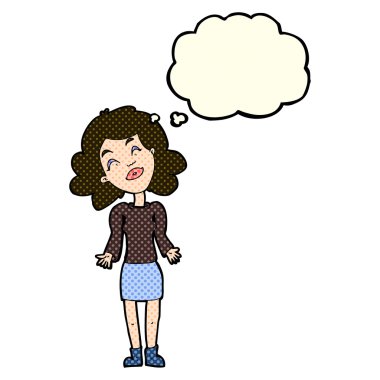 Çizgi filmdeki kadın düşünce balonuyla omuz silkiyor.
