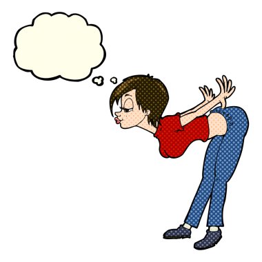 Düşünce baloncuğu olan seksi kadın.