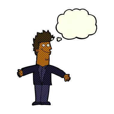 çizgi film mutlu adam düşünce baloncuğu ile kollarını açık