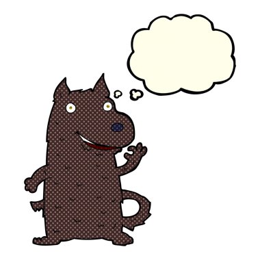 Düşünce baloncuklu mutlu bir köpek.