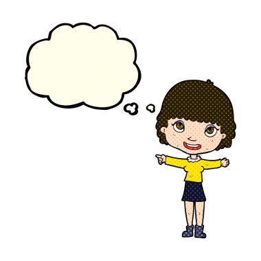 çizgi film mutlu kadın düşünce baloncuğu ile işaret