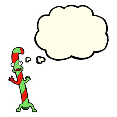 Düşünce baloncuklu Noel şekerleri dans eden çizgi film