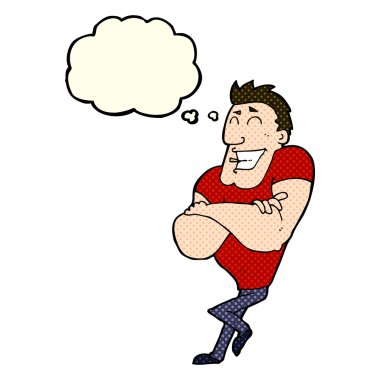 Düşünce baloncuğu olan kaslı adam.