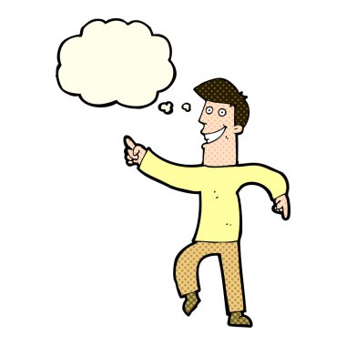 Düşünce baloncuğu ile sırıtan çizgi film adamı.