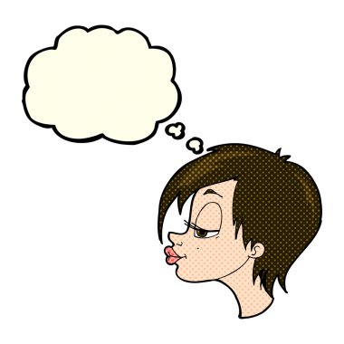 Düşünce baloncuğu olan güzel bir kadın.