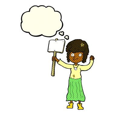 Karikatür hippi kız protesto işareti ve düşünce kabarcığı