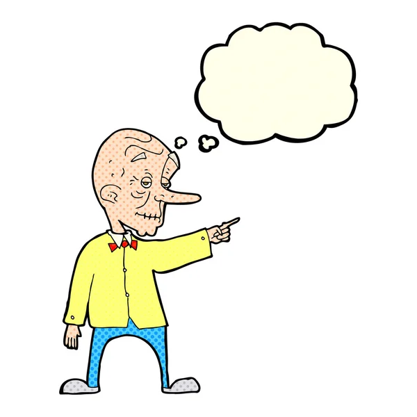 Desenho animado homem velho apontando com bolha de pensamento —  Vetores de Stock