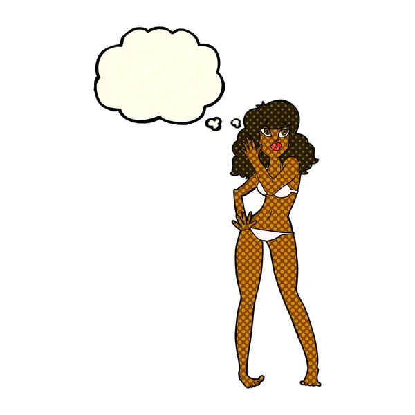 Dibujos animados mujer bonita en bikini con burbuja de pensamiento — Vector de stock