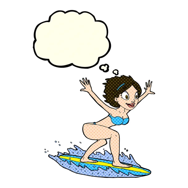 Cartoon surfer girl with thought bubble — Stock Vector