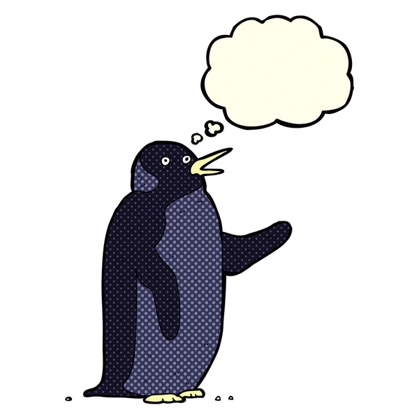 Cartoon penguin waving with thought bubble — Stock Vector