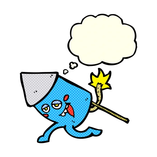 Cartoon grappig vuurwerk karakter met gedachte zeepbel — Stockvector