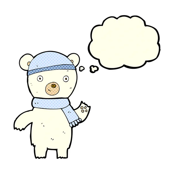 Dibujos animados ondeando oso polar con burbuja de pensamiento — Vector de stock