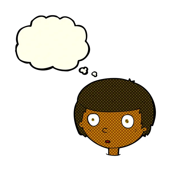 Dibujos animados chico curioso con burbuja de pensamiento — Vector de stock