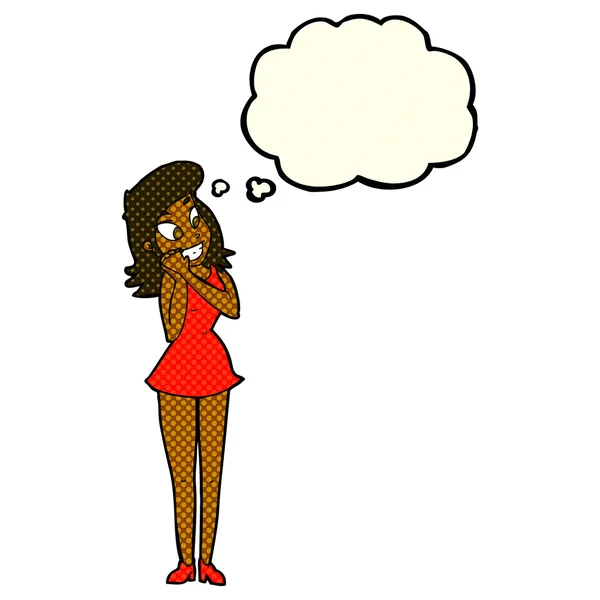 Dibujos animados mujer emocionada con burbuja de pensamiento — Vector de stock