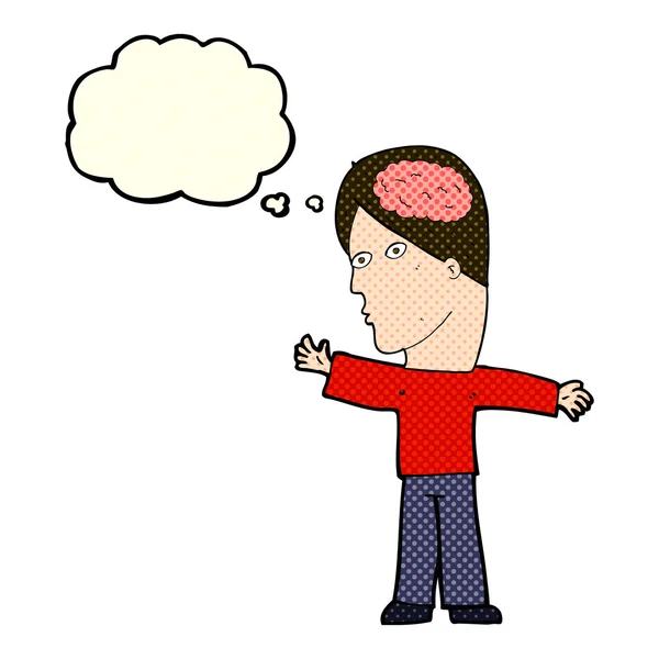 Hombre de dibujos animados con cerebro con burbuja de pensamiento — Vector de stock
