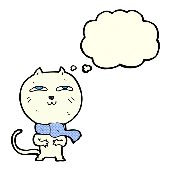 Desenho animado gato engraçado usando cachecol com bolha de pensamento —  Vetores de Stock