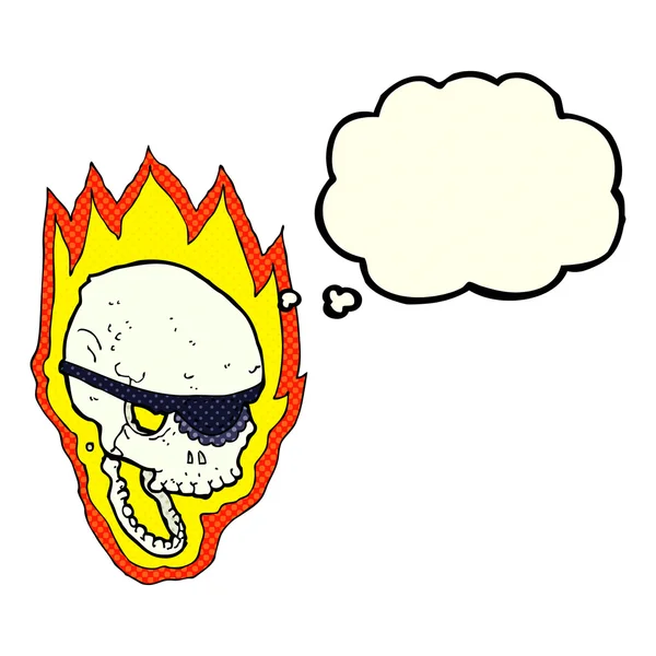 Cartone animato cranio pirata fiammeggiante con bolla di pensiero — Vettoriale Stock