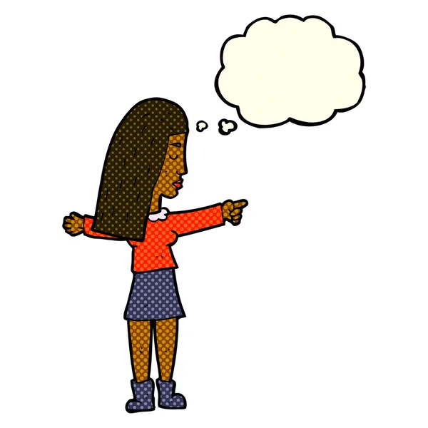 Femme dessin animé pointant avec bulle de pensée — Image vectorielle