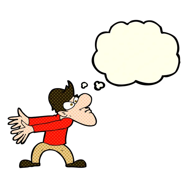 Karikatur genervter Mann gestikuliert mit Gedankenblase — Stockvektor