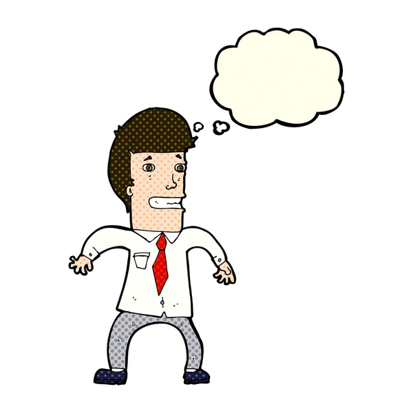 Dibujos animados hombre de negocios nervioso con burbuja de pensamiento — Vector de stock