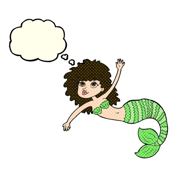 Cartoon mooie zeemeermin zwaaien met gedachte zeepbel — Stockvector