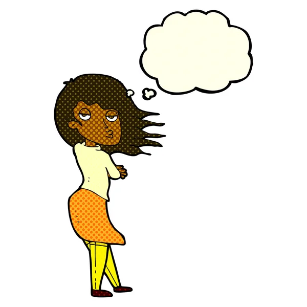 Γελοιογραφία γυναίκα κάνοντας πρόσωπο φωτογραφία με φούσκα σκέψης — Διανυσματικό Αρχείο