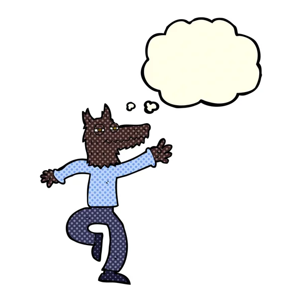 Dibujos animados hombre lobo feliz con burbuja de pensamiento — Vector de stock