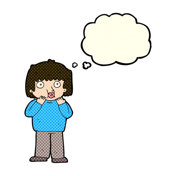 Desenho animado menino preocupado com bolha de pensamento — Vetor de Stock