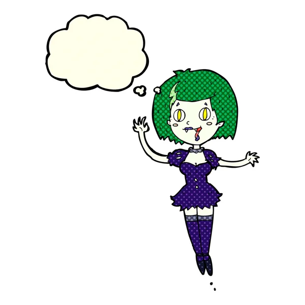 Desenho animado menina vampiro feliz com bolha de pensamento — Vetor de Stock