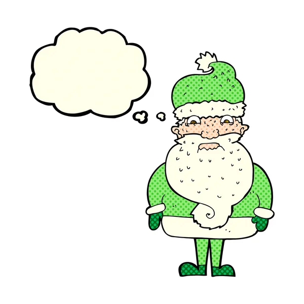 Cartoon chagrijnige santa claus met gedachte zeepbel — Stockvector