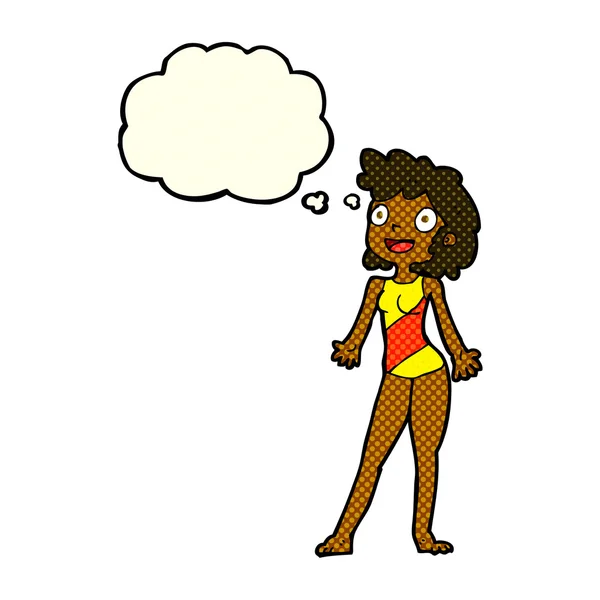 Mulher dos desenhos animados em traje de natação com bolha pensamento — Vetor de Stock