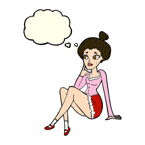 Cartoon attractive woman sitting thinking with thought bubble — Stock Vector