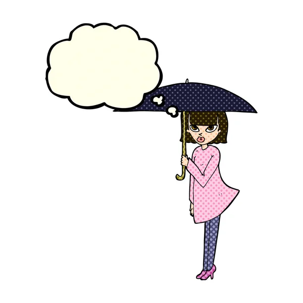 Cartoon woman with umbrella with thought bubble — Stock Vector