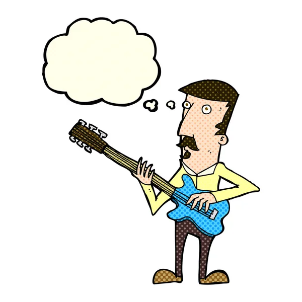 Homem dos desenhos animados tocando guitarra elétrica com bolha pensamento — Vetor de Stock