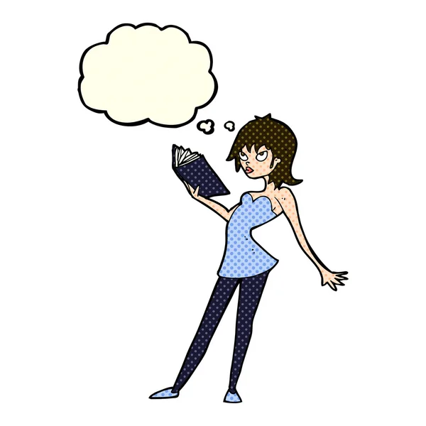 Cartoon vrouw lezen boek met gedachte zeepbel — Stockvector