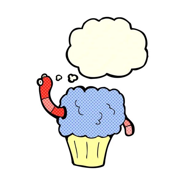 Vers de dessin animé dans cupcake avec bulle de pensée — Image vectorielle