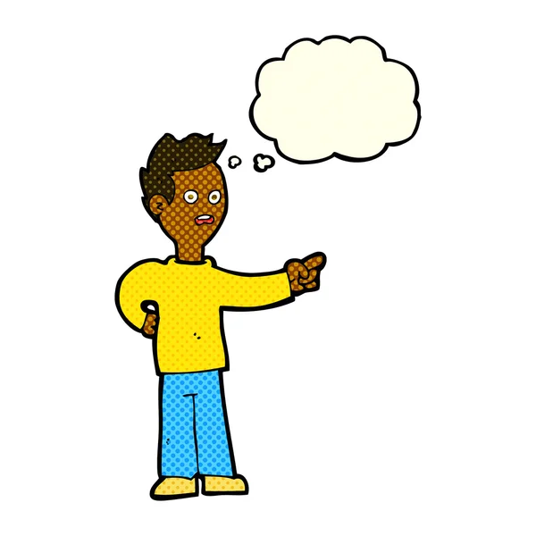 Dessin animé choqué garçon pointant avec bulle de pensée — Image vectorielle