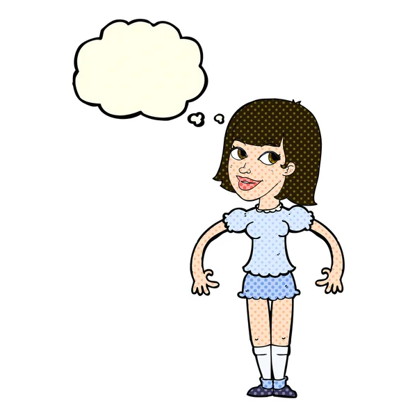 Mujer de dibujos animados hombros encogiéndose de hombros con burbuja de pensamiento — Vector de stock