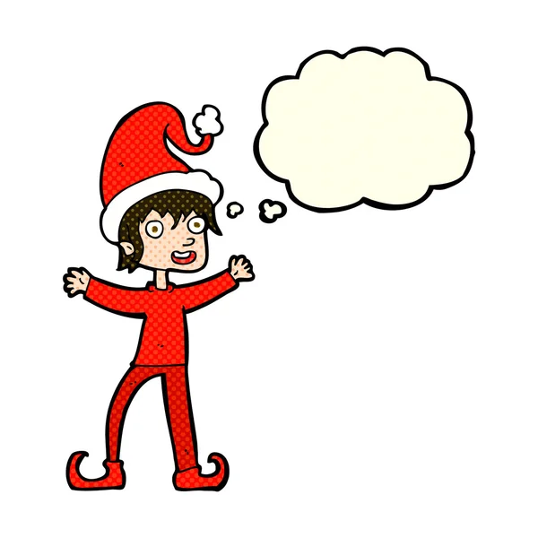 Tecknad glada jul elf med tanke bubbla — Stock vektor