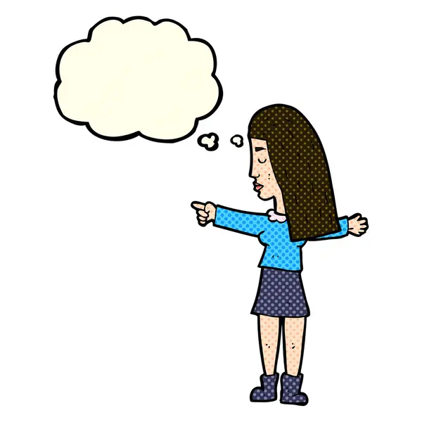 Mujer de dibujos animados apuntando con burbuja de pensamiento — Vector de stock