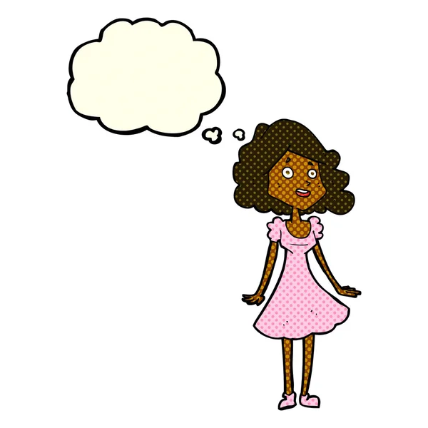 Cartone animato donna felice in abito con bolla di pensiero — Vettoriale Stock