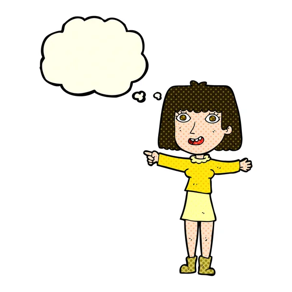 Desenho animado mulher feliz apontando com bolha de pensamento — Vetor de Stock