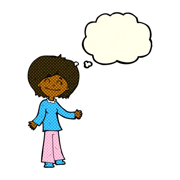 Cartone animato donna felice con bolla di pensiero — Vettoriale Stock