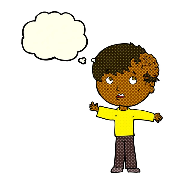 Καρτούν αγόρι με ανάπτυξη στο κεφάλι με φούσκα σκέψης — Διανυσματικό Αρχείο