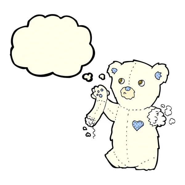 Мультяшный плюшевый белый медведь с оторванной рукой с мыслепузырём — стоковый вектор