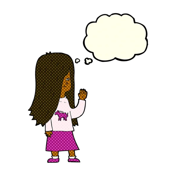 Chica de dibujos animados con camisa de pony ondeando con burbuja de pensamiento — Vector de stock