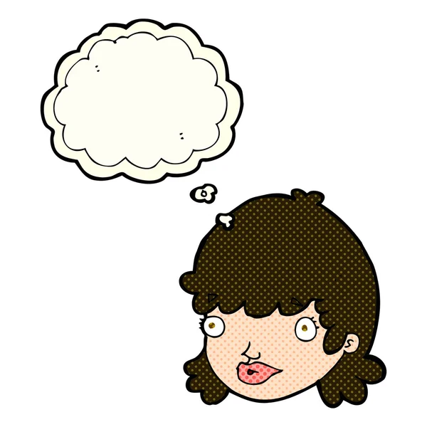Karikatura ženský obličej s překvapený výraz s myšlenkou bubbl — Stockový vektor