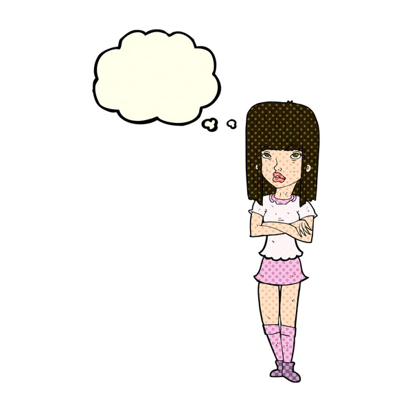 Cartoon meisje met gekruiste armen met gedachte zeepbel — Stockvector