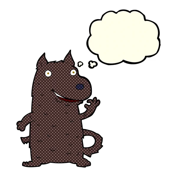 Düşünce baloncuklu mutlu bir köpek.